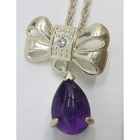Silver Tone Bow with Rhinestone and Purple Stone on‎ Chain Necklace - Picture 1 of 4